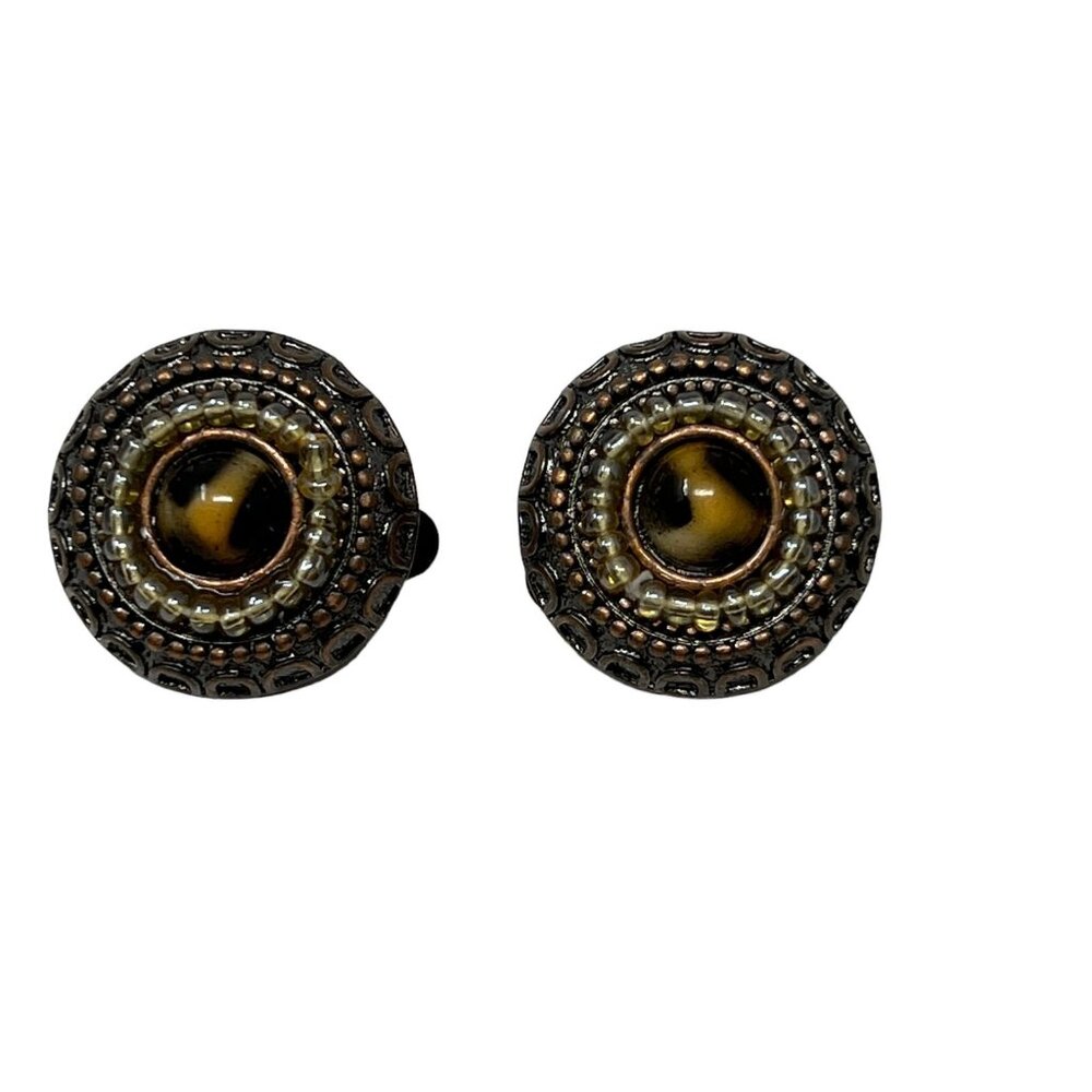 Vintage Clip On Earrings Button Copper Tone with Brown Beaded‎ Center